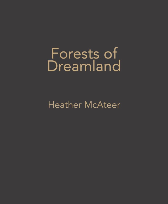 Front cover image of Heather McAteer's book called Forests of Dreamland. The cover is warm gold text reversed out of a charcoal grey background.