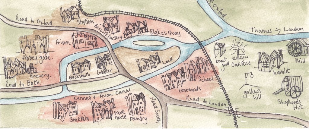 A hand drawn map showing what the riverside in Reading might have looked like in 1850.